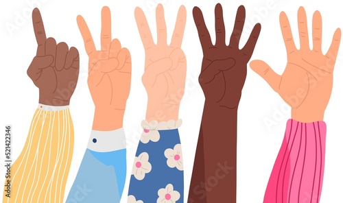 Hands counting by showing fingers. Numbers shown by hands. Variety of modern hand-drawn hand wrists. Cartoon style isolated elements. Trendy hand icons. Counting on fingers.