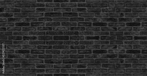 Old rough black brick wall distressed texture. Dark grey brickwork backdrop. Gloomy grunge textured background