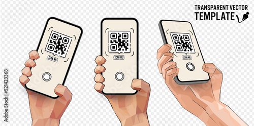  Vector cartoon hand holding the black smartphone with a sample QR code on the screen - modern smartphone frameless design and polygonal sketch style - template for mobile app or internet shop link