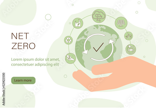 Net zero icon and carbon neutral concept in the hand for net zero greenhouse gas emissions target Climate neutral long term strategy on a green background