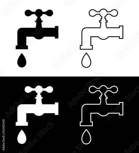 Icons of water faucets and taps with water drop, drip. Symbol, illustration of faucet leak, leaky tap isolated for kitchen sink and pipe. Vector