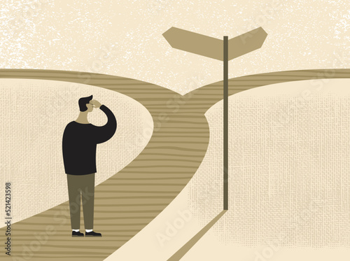 Person thinking at signpost before desicion