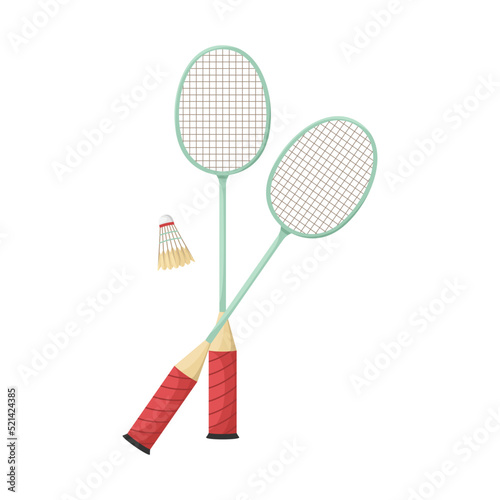 Vector illustration of two badminton rackets and a shuttlecock.
