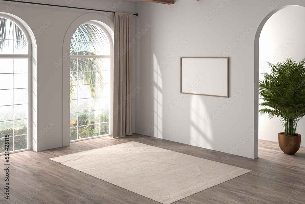 3D render Modern interiors empty room .plant vase. floor parquet. photo frame