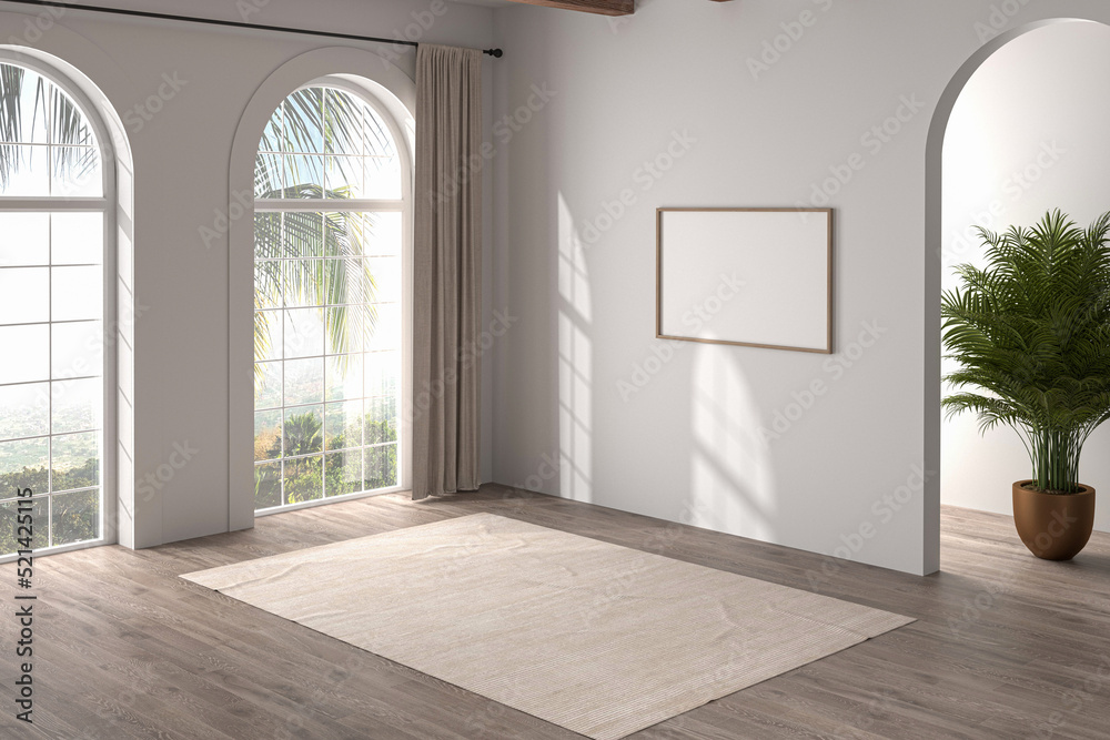 Obraz premium 3D render Modern interiors empty room .plant vase. floor parquet. photo frame