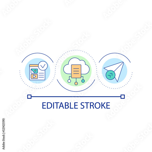 Cloud storage setup loop concept icon. Web page sharing abstract idea thin line illustration. Multimedia content. Dynamic website. Isolated outline drawing. Editable stroke. Arial font used