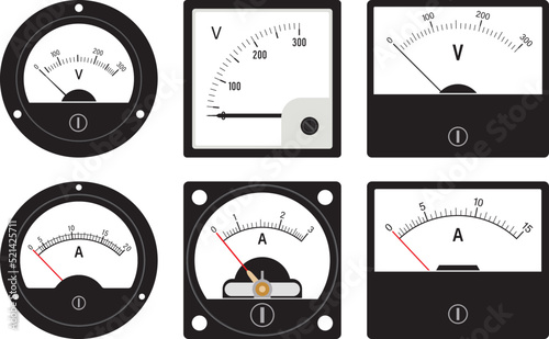 Set of voltmeter and ammeter icons. Measuring instrument. Vector illustration photo