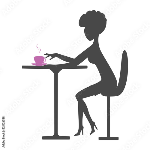 Coffee time Silhouette one woman during coffee. Young girl sits at a table and drinks coffee, logo,icon. Vector illustration