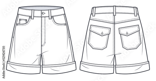 Short Pants technical fashion illustration. High Waisted Denim Shorts fashion flat sketch template, front, back view, white, women, men, unisex CAD mockup.