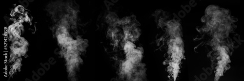 A perfect set of five different mystical curly white steam or smoke on a black background. Fog or smoke set isolated on black background. Curly smoke on a dark background