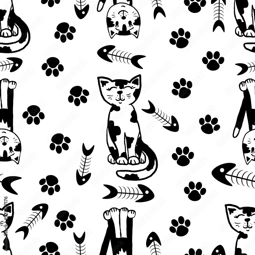 Naklejka premium A funny cat seamless pattern in black and white, a sketchy cat and paw prints and fish bones scattered around