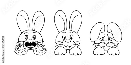 Set of Monochrome picture, cute little bunnies in cartoon style, offended rabbit, fluffy cute bunnies. Vector