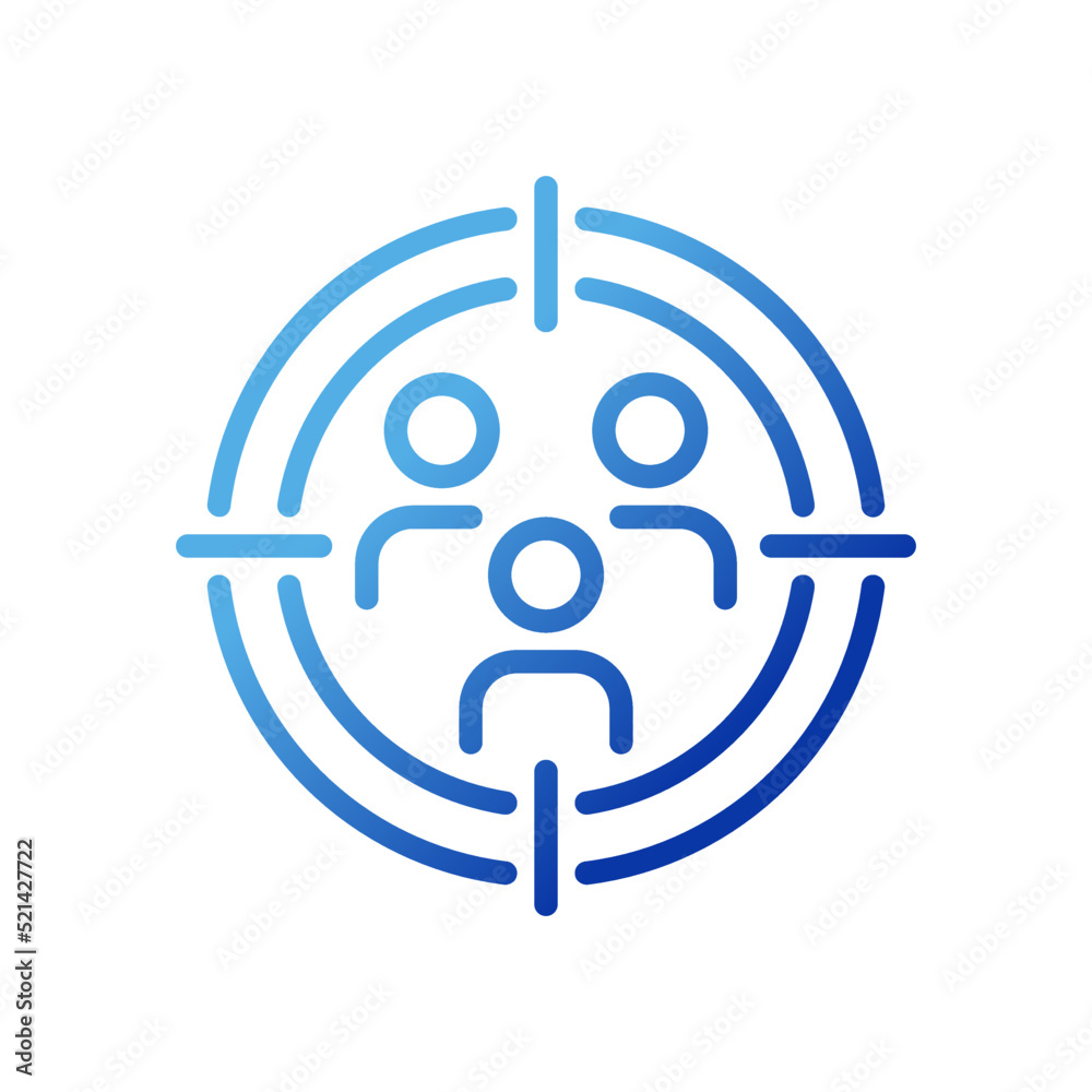 Target audience pixel perfect gradient linear vector icon. Customer research. Consumer segmentation. Dividing people. Thin line color symbol. Modern style pictogram. Vector isolated outline drawing Target audience pixel perfect gradient linear vector icon. Customer research. Consumer segmentation. Dividing people. Thin line color symbol. Modern style pictogram. Vector isolated outline drawing