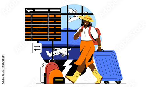International tourism concept. Girl with two suitcases walks through airport, plane taking off. Holidays and rest in other countries. Departure schedule, planning. Cartoon flat vector illustration