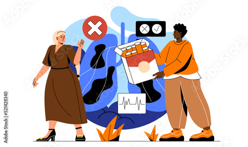 Quitting smoke cigarettes. Man smoker offers pack of cigarettes to woman, she refuses. Motivational poster or banner. Refusal of bad habits, healthy lifestyle. Cartoon flat vector illustration