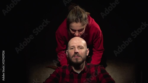 Adultery concept sexy woman kiss man bald head cheated