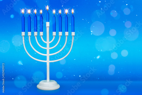 Jewish Hanukkah Menorah 9 Branch Candlestick. Holiday Candle Holder. Nine-arm candlestick. Traditional Hebrew Festival of Lights candelabra. Background for design with copy space