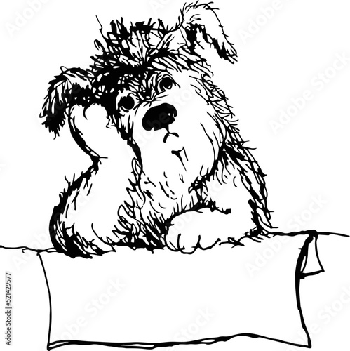 Cartoon smart shaggy dog sits like a man, propping his head with his paw.