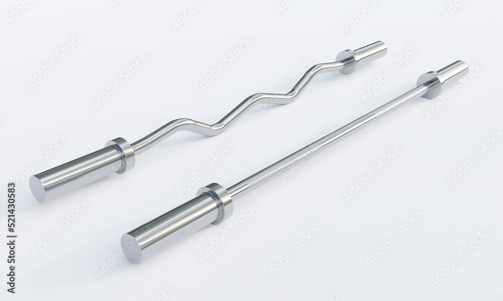 EZ and straight Curl bars isolated on white background, stainless steel gym equipment. 3D Rendering EZ and straight Curl bars isolated on white background, stainless steel gym equipment. 3D Rendering
