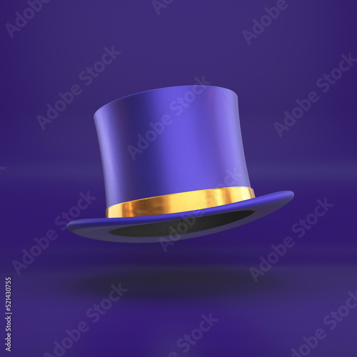 Blue top hat with a gold ribbon floating on a blue background, 3d render