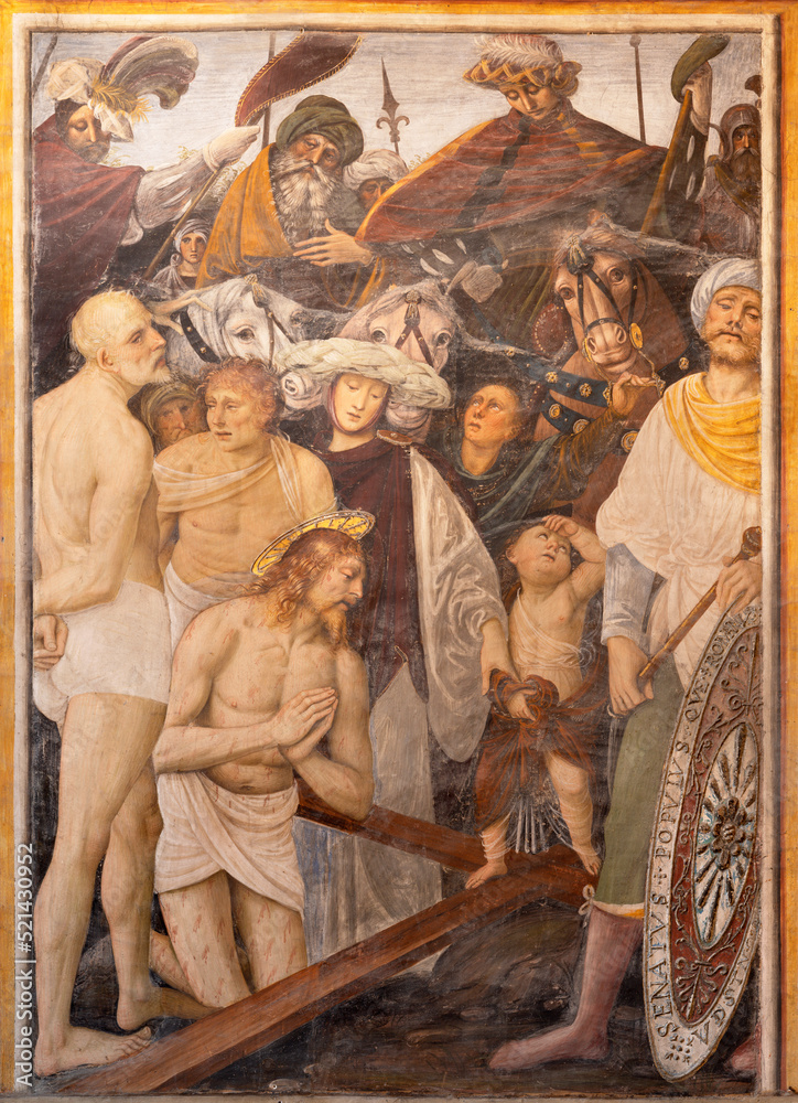 VARALLO, ITALY - JULY 17, 2022: The renaissance fresco Lamentation of Christ in the church Chiesa Santa Maria delle Grazie  by Gaudenzio Ferrari (1513).
