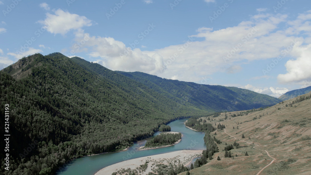 Blue Katun river in the middle of mountains of Ak-Kem valley in Altai