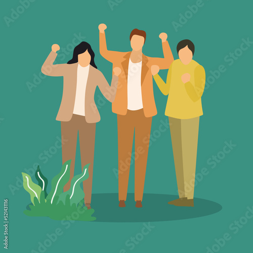 Vector illustration background of young happy promoted man woman manager line up neatly on office meeting room together. Business teamwork celebration concept Graphic design vector illustration