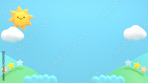 3d rendered cute sun, white clouds, flowers, and mountains.