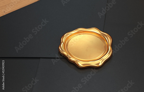 Gold wax seal on a black envelope close-up, 3d render