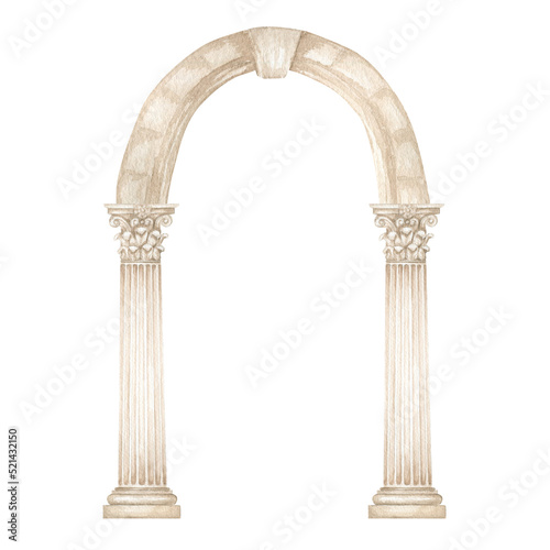 Watercolor antique arch with column corinthian order, Ancient Classic Greek pillar, Roman Columns, Architecture facade elements Realistic drawing illustration isolated on white background