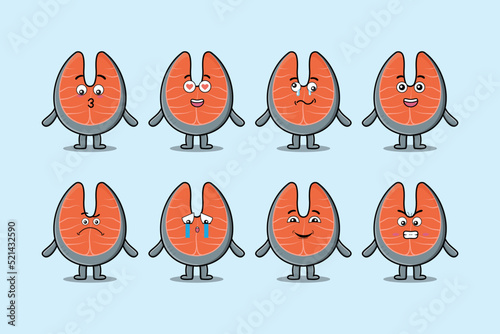 kawaii fresh salmon cartoon character with expressions of cartoon face vector illustrations