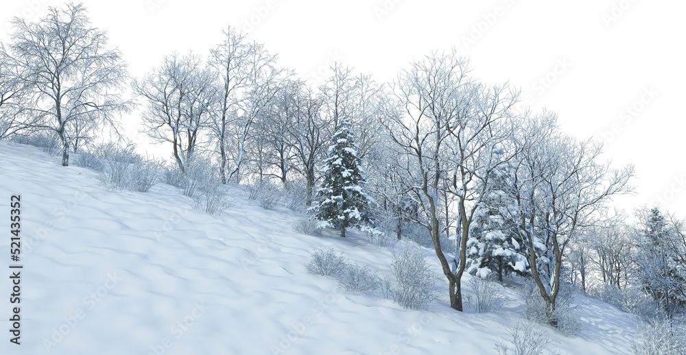 Trees and mountains in winter on a white background with clipping paths.