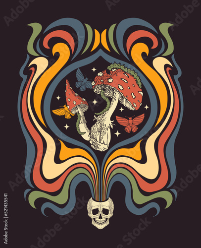 psychedelic illustration with skull and fly agarics, hippie art, retro t-shirt print