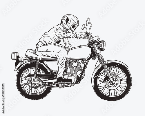 vintage skull biker with old motorcycle illustration
