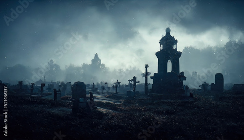 Gloomy night cemetery, stone monuments. Sky with clouds, fog. Dramatic scene for Halloween background. 3D illustration