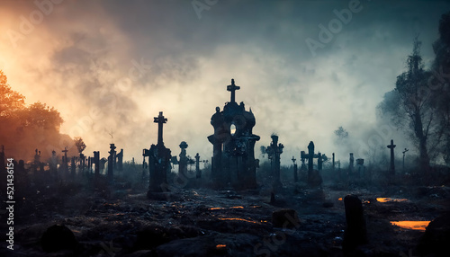 Gloomy night cemetery, stone monuments. Sky with clouds, fog. Dramatic scene for Halloween background. 3D illustration photo