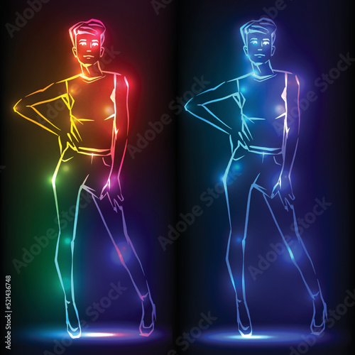 Fashion woman. Female model. Hand drawn fashion lady. Banner with neon silhouette of sexy woman figure, beautiful silhouettes, nightclub, vector illustration