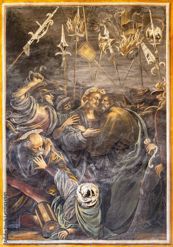 VARALLO, ITALY - JULY 17, 2022: The renaissance fresco of Betrayal and Arrest...