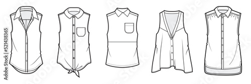 womens blouse set flat sketch vector illustration sleeveless womens shirt blouse technical drawing template