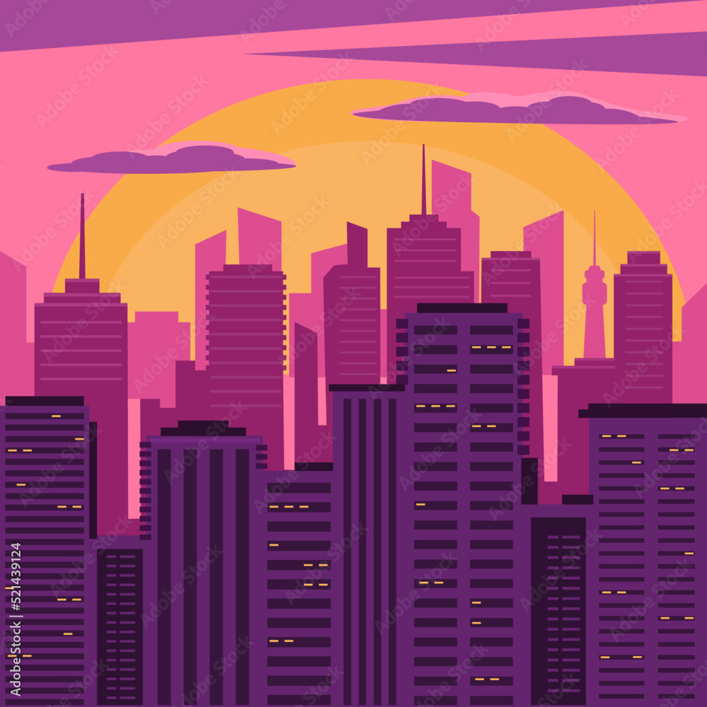 City skyline at dawn. Flat vector design. Urban background, illustration. 