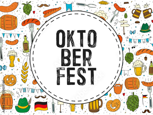 Oktoberfest 2022 - Beer Festival. Hand-drawn Doodle elements. German Traditional holiday. Round emblem with text on the background of a pattern of colored elements.