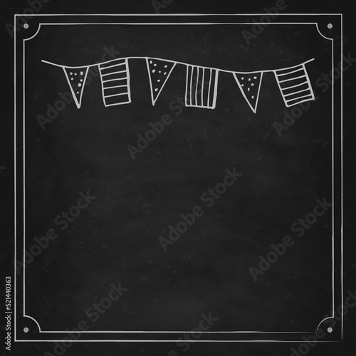 Oktoberfest 2022 - Beer Festival. Hand-drawn Doodle festive garland of flags on a black chalk board. German Traditional holiday.
