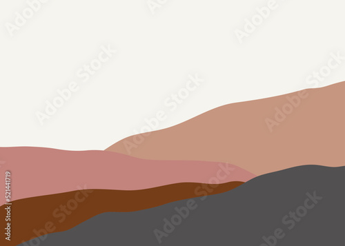 Contemporary abstract landscape with hills, fields and mountains in modern minimalists style. Vector illustration in warm colors is perfect for social media, site, wall art, posters, cards, prints etc