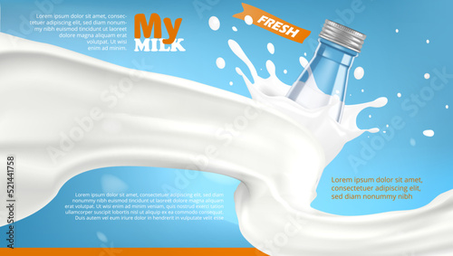 Realistic Glass Bottle In Milk Twisted Splash