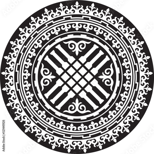 Vector monochrome Kazakh national ornament shanyrak. Yurt decoration. Ethnic pattern of nomadic peoples of the great steppe, Kirghiz, Kalmyks, Buryats, Mongols