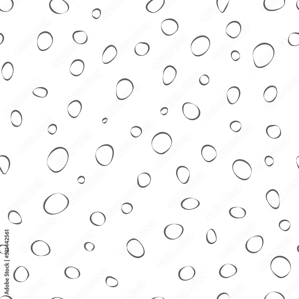 Vector illustration. Spotted grey, black and white background. Geometric abstract pattern with hand drawn contour, line circles. Randomly scattered dots of irregular shape.