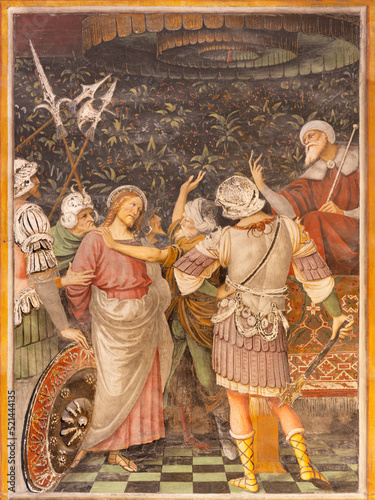 VARALLO, ITALY - JULY 17, 2022: The renaissance fresco of Jesus bevore Caipha...