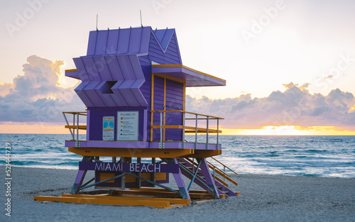 Tablou canvas South Beach Miami Florida, beach hut lifeguard hut during sunset