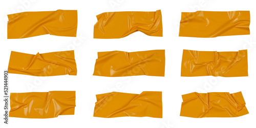 Yellow scotch tape on white background, crumpled sticky tape, different sizes