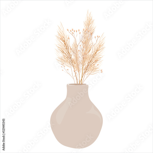 Boho floral bouquet in modern vases set. Vector stock illustration. Hand drawn summer dried botanical design elements. Greenery illustrations for floral wedding invitation, greeting cards, logo.